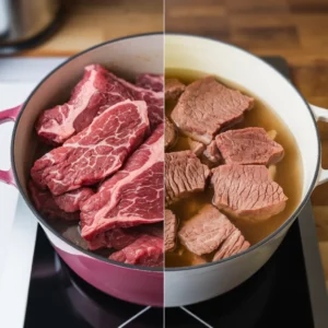 A-side-by-side-comparison-of-raw-beef-added-directly-to-a-soup-pot-versus-browned-beef-pieces-placed-in-a-simmering-broth