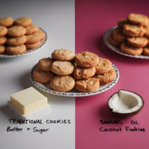 A-side-by-side-comparison-one-plate-of-traditional-cookies-and-one-plate-of-banana-bread-cookies-with-key-ingredients-butter-and-sugar-vs.-bananas-and-cocon