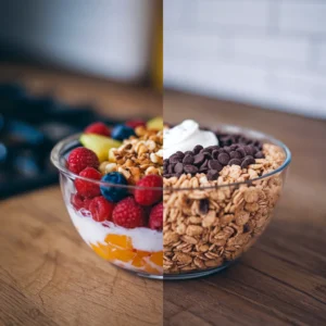 A-side-by-side-image-comparing-a-healthy-breakfast-bowl-with-fresh-fruits-and-yogurt-to-an-indulgent-version-overloaded-with-chocolate-chips-and-sugary-granola