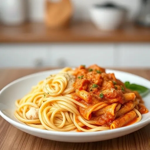 A-side-by-side-image-of-Chicken-Alfredo-with-creamy-fettuccine-and-Chicken-Pasta-with-penne-in-tomato-sauce-showcasing-their-differences-recipesfair.com