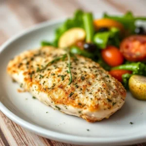 A-simple-baked-Parmesan-crusted-chicken-breast-garnished-with-herbs-and-served-with-roasted-vegetables-or-a-fresh-salad-recipesfair.com