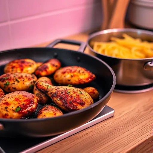 A-skillet-of-sizzling-chicken-next-to-a-pot-of-boiling-pasta.