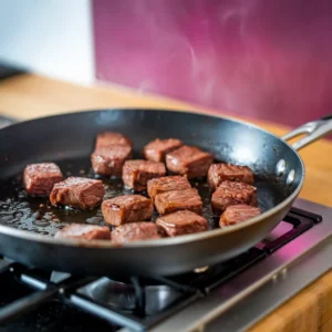 A-skillet-showing-beef-cubes-sizzling-and-caramelizing-with-drippings-collecting-at-the-bottom-of-the-pan