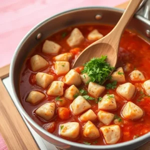 A-skillet-showing-diced-chicken-pieces-fully-submerged-in-a-simmering-tomato-sauce-surrounded-by-fresh-herbs-and-a-wooden-spoon-for-stirring-recipesfair.com