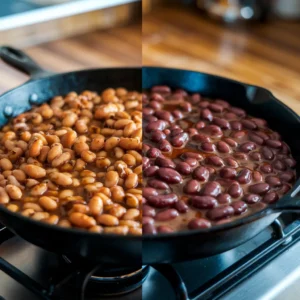 A-skillet-showing-two-versions-of-the-same-recipe-one-with-baked-beans-and-one-with-canned-beans-each-offering-a-unique-flavor-profile