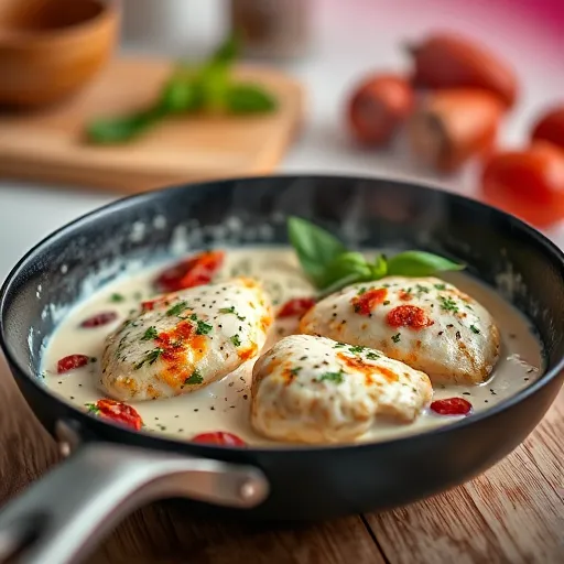 A-skillet-with-chicken-simmering-in-the-creamy-sauce-with-sun-dried-tomatoes-and-basil-peeking-through