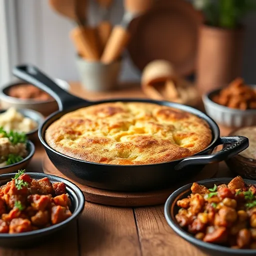 A-skillet-with-freshly-made-fried-cornbread-surrounded-by-traditional-Southern-dishes