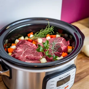 A-slow-cooker-filled-with-raw-beef-diced-vegetables-and-fresh-herbs-ready-to-begin-simmering