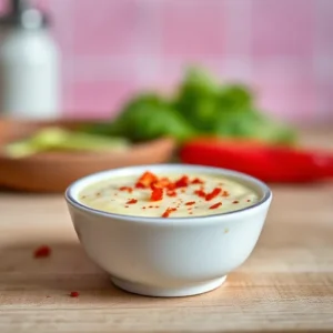 A-small-bowl-of-Parmesan-garlic-sauce-topped-with-red-pepper-flakes-for-a-spicy-finish-recipesfair.com