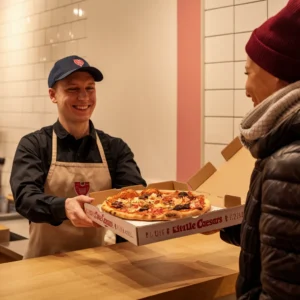 A-smiling-Little-Caesars-employee-handing-a-freshly-baked-pizza-box-to-a-customer-emphasizing-quick-service-and-freshness