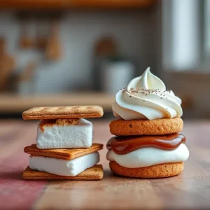 A-smores-setup-with-roasted-marshmallows-and-a-dessert-featuring-marshmallow-creme-as-a-topping-showing-their-distinct-uses-side-by-side.