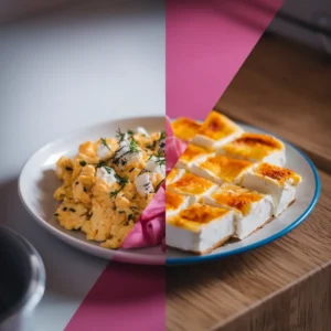 A-split-image-one-side-shows-scrambled-eggs-with-cottage-cheese-garnished-with-herbs-and-the-other-features-a-golden-eggs-and-cottage-cheese-baked-sliced-into-squares