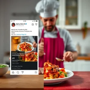 A-split-image-showing-Marry-Me-Chicken-trending-on-a-social-media-feed-alongside-a-cook-plating-the-dish-in-a-home-kitchen