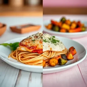 A-split-image-showing-chicken-parm-served-with-spaghetti-on-one-side-and-roasted-vegetables-on-the-other