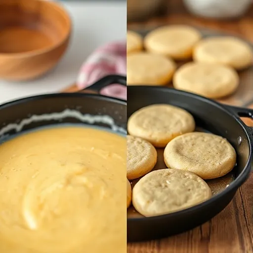 A-split-image-showing-cornbread-batter-in-a-cast-iron-skillet-ready-for-baking-alongside-hot-water-cornbread-dough-being-shaped-into-patties-before-frying - recipesfair.com