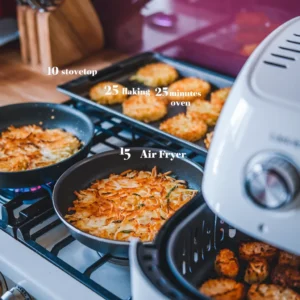 A-split-image-showing-hash-browns-cooking-on-the-stovetop-baking-in-the-oven-and-crisping-in-an-air-fryer-with-cooking-times-labeled