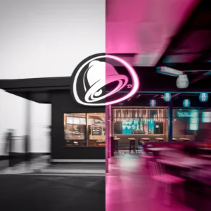 A-split-screen-image-showing-a-traditional-Taco-Bell-drive-thru-and-casual-seating-alongside-a-Taco-Bell-Cantina-modern-interior-with-cocktails-and-communal-tables