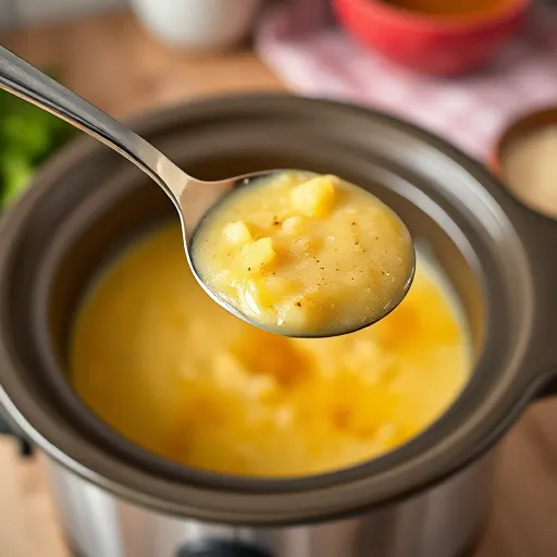 A-spoon-lifting-potato-soup-from-a-crock-pot-showing-uneven-consistency