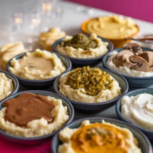 A-spread-of-mashed-potatoes-in-individual-bowls-each-topped-with-a-different-sauce-brown-gravy-garlic-butter-pesto-mushroom-gravy-and-coconut-curry