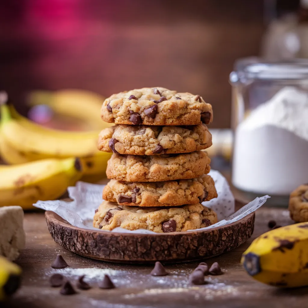 A-stack-of-banana-bread-cookies-on-a-rustic-wooden-plate-surrounded-by-baking-ingredients-like-bananas-flour-and-chocolate-chips