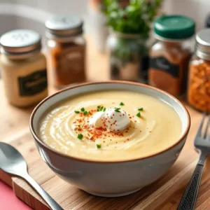 A-steaming-bowl-of-potato-soup-garnished-with-sour-cream-chives-and-a-sprinkle-of-paprika-surrounded-by-seasoning-jars