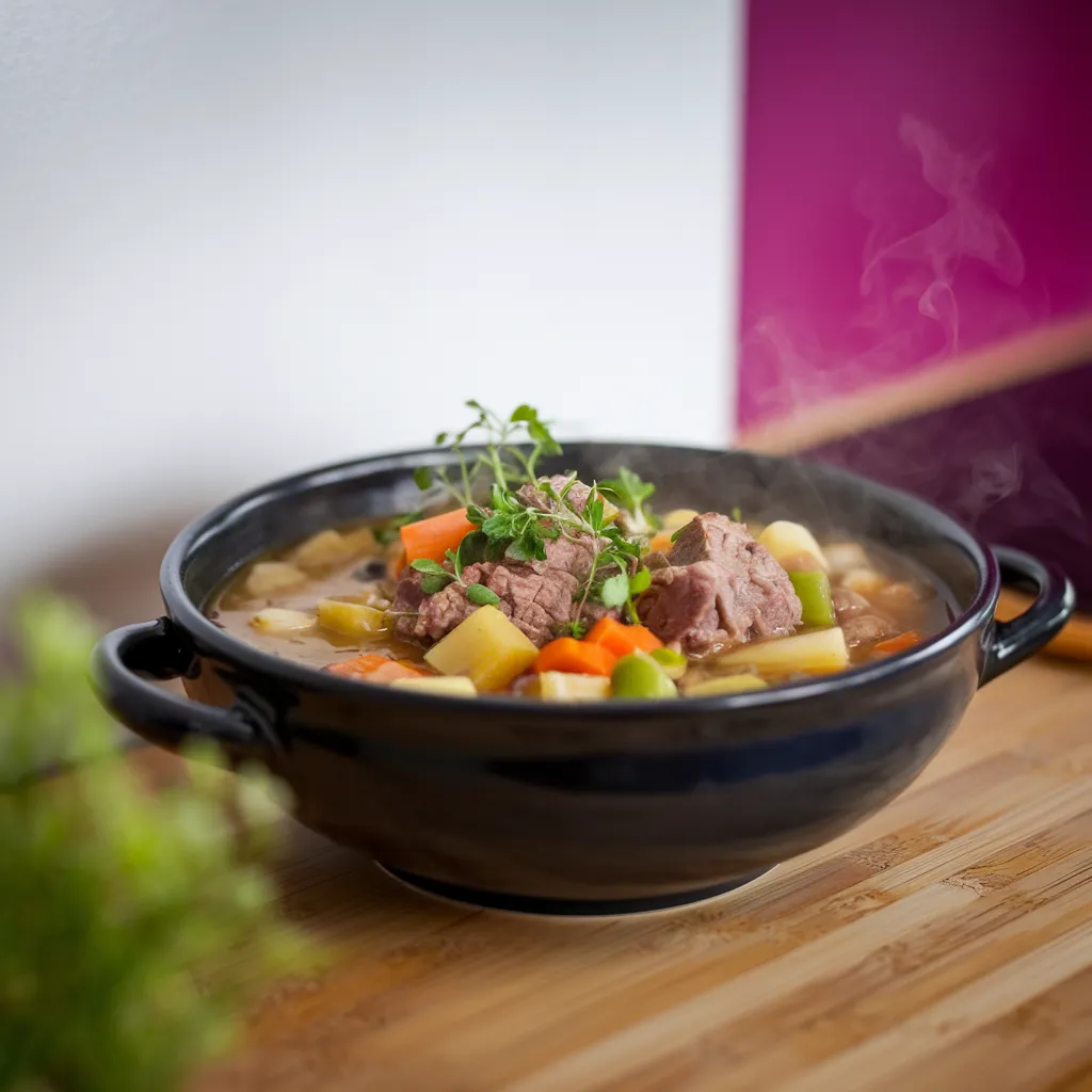 A-steaming-bowl-of-vegetable-beef-soup-served-in-a-rustic-setting-garnished-with-fresh-herbs