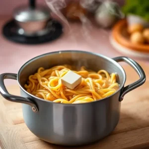 A-steaming-pot-of-pasta-with-a-stock-cube-dissolving-in-the-water-emphasizing-its-easy-integration-into-the-cooking-process.-recipesfair.com_