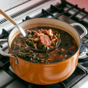 A-steaming-pot-of-swamp-soup-on-the-stovetop-with-a-ladle-lifting-a-serving-full-of-greens-sausage-and-beans