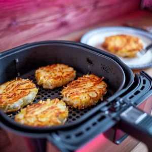 A-step-by-step-photo-collage-showing-hash-browns-being-placed-in-the-air-fryer-cooked-halfway-through-flipped-and-finally-plated