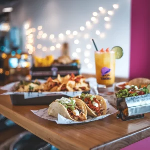 A-table-featuring-a-Taco-Bell-Cantina-spread-including-tacos-nachos-and-a-Baja-Blast-Margarita-alongside-a-more-traditional-Taco-Bell-meal-setup