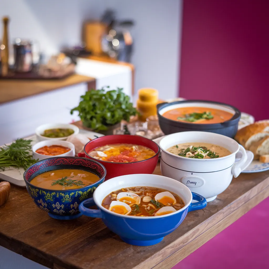 A-table-spread-featuring-a-variety-of-soups-from-the-article-Tom-Yum-Minestrone-Ramen-and-Clam-Chowder-with-fresh-herbs-and-bread-on-the-side