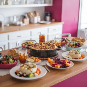 A-table-spread-featuring-cattle-drive-casserole-as-the-centerpiece-surrounded-by-colorful-salads-garlic-bread-iced-tea-and-a-fruit-cobbler-for-dessert