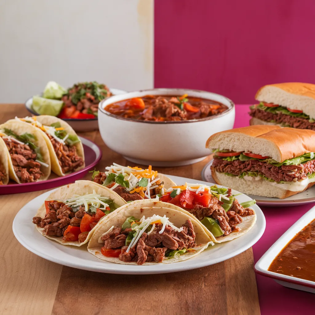 A-table-spread-with-dishes-made-using-canned-beef-tacos-stew-and-sandwiches