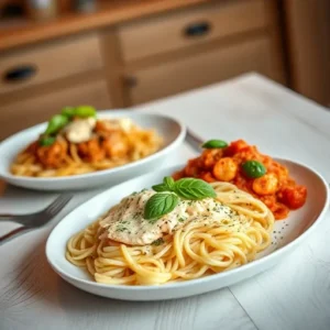 A-table-with-two-dishes-Chicken-Alfredo-with-creamy-fettuccine-and-a-vibrant-chicken-pasta-with-marinara-sauce-and-fresh-basil-showcasing-their-distinct-styles-recip.