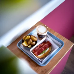 A-top-down-view-of-a-breakfast-tray-featuring-a-Breakfast-Baconator-Frosty-ccino-and-seasoned-potatoes-with-warm-morning-sunlight-streaming-over-the-table