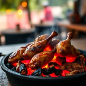 A-traditional-Jamaican-jerk-pit-with-chicken-pieces-cooking-over-glowing-coals-and-pimento-wood-producing-rich-smoky-aromas-in-a-tropical-outdoor-setting-recipesfair.com