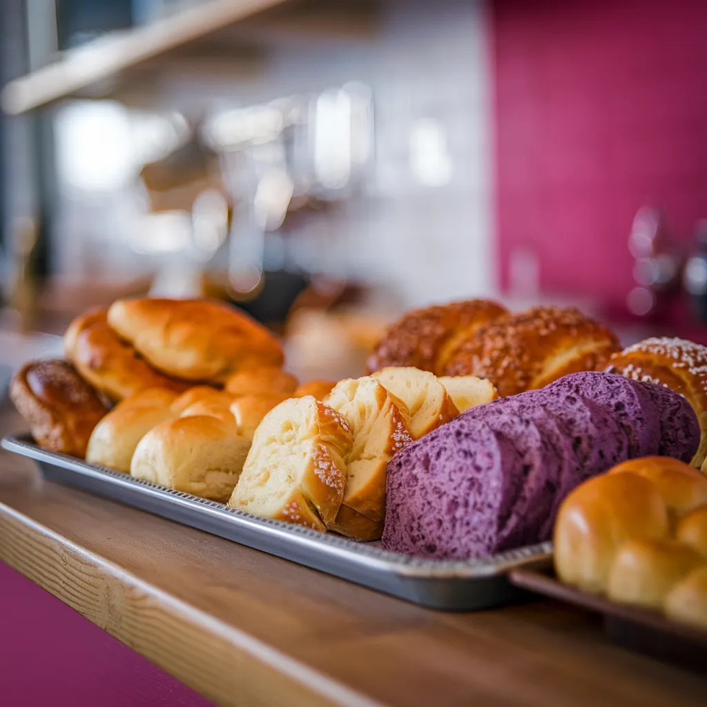 A-tray-featuring-an-assortment-of-Hawaiian-breads-golden-sweet-rolls-slices-of-pineapple-and-coconut-bread-and-a-vibrant-purple-loaf-of-taro-brea