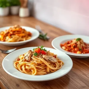 A-trio-of-plated-pasta-dishes-marinara-chicken-pasta-creamy-chicken-mushroom-pasta-and-spicy-arrabbiata-chicken-pasta-displayed-on-a-wooden-table-with-garnish-and-utensils