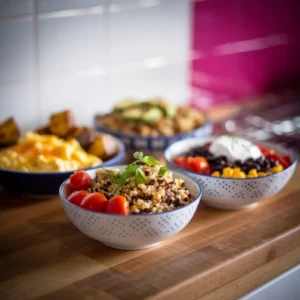 A-trio-of-savory-breakfast-bowls-one-with-eggs-and-roasted-potatoes-another-with-quinoa-and-avocado-and-a-Southwest-bowl-with-beans-salsa