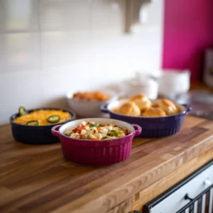 A-trio-of-small-casserole-dishes-showcasing-variations-one-with-jalapenos-and-cheese-for-spice-one-with-vegetarian-ingredients-and-one-with-cheddar-bay-biscuits