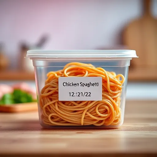 A-vacuum-sealed-container-of-chicken-spaghetti-labeled-with-the-date-and-ready-for-freezing.-recipesfair.com