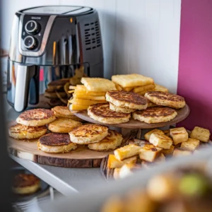 A-variety-of-hash-browns-patties-shredded-and-cubes-displayed-on-a-wooden-platter-next-to-an-air-fryer