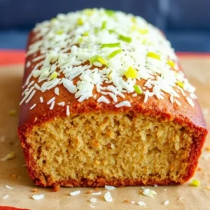 A-vegan-labeled-loaf-garnished-with-shredded-coconut-and-lime-zest.