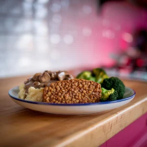 A-vegetarian-plate-featuring-lentil-loaf-mashed-potatoes-with-mushroom-gravy-and-a-side-of-roasted-broccoli