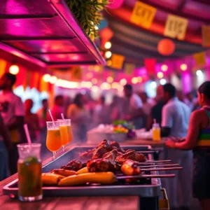 A-vibrant-Jamaican-festival-with-a-street-vendor-grilling-jerk-chicken-surrounded-by-bright-decorations-tropical-drinks-recipesfair.com