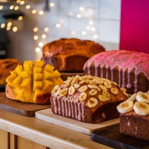 A-vibrant-display-of-creative-Hawaiian-breads-mango-bread-with-chunks-of-fresh-fruit-guava-bread-with-a-pink-glaze-and-banana-bread-topped