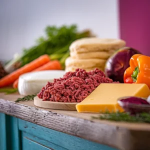 A-vibrant-display-of-ingredients-laid-out-on-a-rustic-wooden-countertop-including-ground-beef-cheese-biscuit-dough-and-vegetables