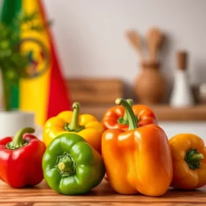 A-vibrant-display-of-red-yellow-and-green-bell-peppers-next-to-a-Rastafarian-flag-highlighting-the-dishs-colorful-symbolism.-recipesfair.com