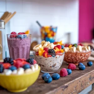 A-vibrant-display-of-sweet-breakfast-bowls-a-smoothie-bowl-with-berries-tropical-overnight-oats-and-a-nut-butter-banana-bowl-on-a-rustic-table