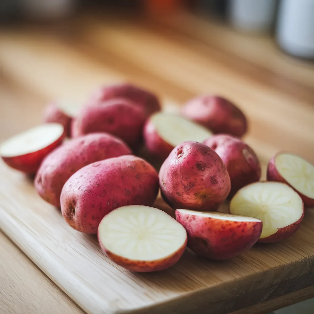 A-vibrant-display-of-whole-and-halved-red-skin-potatoes-on-a-wooden-cutting-board-showing-their-bright-red-exteriors-and-creamy-white-interiors